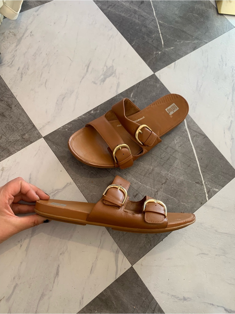 Fitflop Brown Double-Buckle Slide Sandals with Gold Buckles - Picture 4 of 5